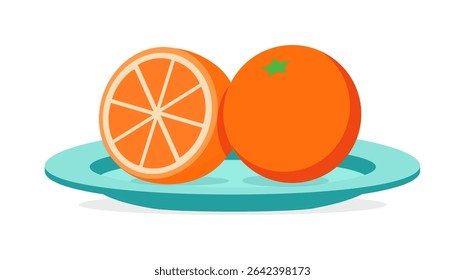 Two fresh oranges, one sliced in half, displayed on a light blue plate in vector style