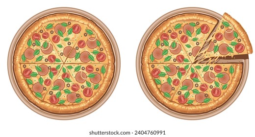 Two fresh pepperoni pizzas on a white background. 