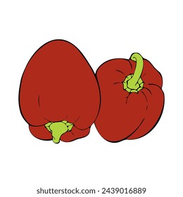 Two fresh red bell Peppers hand drawn contour isolated on white background.