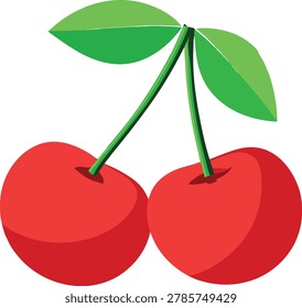 Two fresh red cherries with glossy texture and attached green stems, isolated on bright white background in flat lay style.