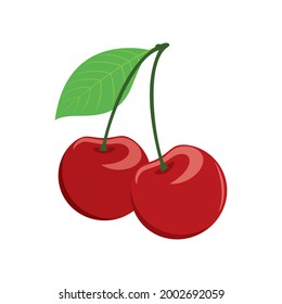 Two fresh red cherries with a leaf icon vector. Cherry fruit icon isolated on a white background. Popular summer red fruits vector