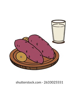 Two Fresh Sweet Potatoes and Milk Hand Drawn isolated on white background for kids coloring activity worksheets and workbooks.