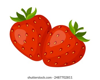 Zwei frische süße Erdbeeren, leuchtend rote Beeren. Handgezeichnete Sommer-Erdbeere trendige flache Stil isoliert für Design. Vektorillustration