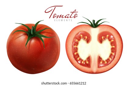 Two fresh tomatoes, one sliced on white background in 3d illustration