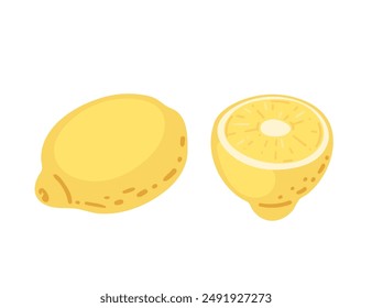 Two fresh yellow lemons. Halved and whole citrus tropical fruit, with juicy segmented juice sac. Vector illustration isolated on white background