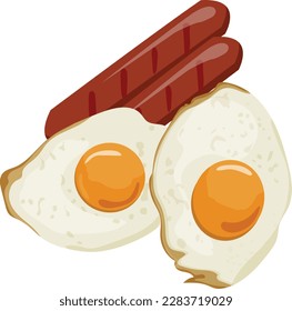 dos huevos de gallina fritos con costra tostada, con una yema cruda, y dos salchichas a la parrilla