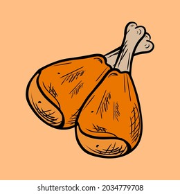 Dos patas fritas de pollo en un fondo amarillo, ilustración vectorial