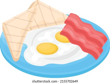 Two fried eggs, bacon and toasted bread on plate Concept, vector color icon design, Cooking breakfast symbol, Morning Meal Dishes Sign, Restaurant or cafe menu stock illustration