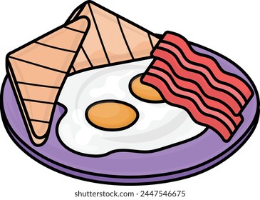 Two fried eggs, bacon and toasted bread on plate Concept, vector icon design, European breakfast symbol, Americans Morning Meal Sign, Restaurant cafe menu stock illustration