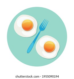 Two fried eggs and a fork on plate. Scrambled chicken eggs. Vector illustration, flat design, cartoon style, isolated on white background.