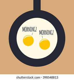 Two fried eggs greet each other. Breakfast concept illustration.