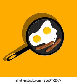 Two Fried eggs with grill sausages in frying pan. English breakfast, home cooking in cafe, food logo icon on yellow background