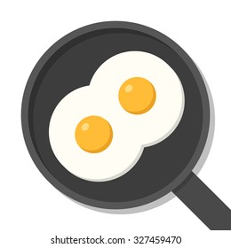Two fried eggs on pan, top view. Food ingredients flat vector illustration isolated on white.