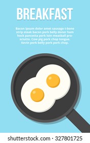 Two fried eggs on pan, top view. Food ingredients flat vector illustration with copy space.