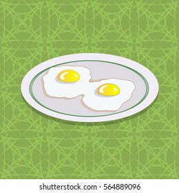 Two Fried Eggs on White Plate. Breakfast on Green Ornamental Tablecloth