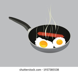 Dos huevos fritos y salchichas en sartén. vector