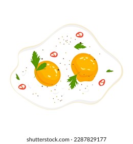 
Two fried eggs seasoned with spices, herbs and hot peppers.