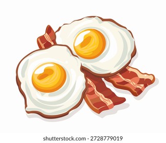 Two fried eggs sit on top of crispy bacon strips. The eggs have bright yellow yolks surrounded by white egg whites. The bacon has a rich and dark red color with some shine. This design showcases a classic breakfast meal that is often enjoyed in many households. It captures the essence of a hearty meal, perfect for breakfast icons or culinary illustrations, presenting a clear focus on food items without any additional elements