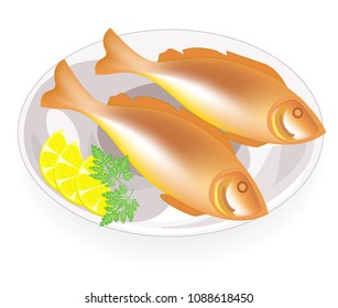 Two fried fish on a plate. Tasty and nutritious food. Next lemon and parsley. Suitable for breakfast, lunch or dinner. Vector illustration.