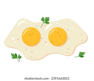 Two Fried fresh eggs with parsley leaves and spices. Cooked fried eggs meal. Egg yolk and white. Healthy organic food for breakfast. Vector flat illustration isolated on white background.