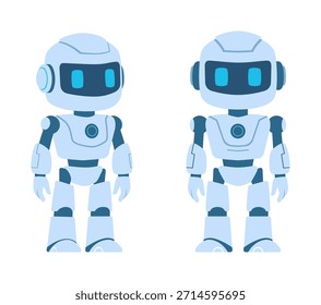 Dois robôs azuis amigáveis de pé ereto olhando para a frente em uma ilustração moderna simples
