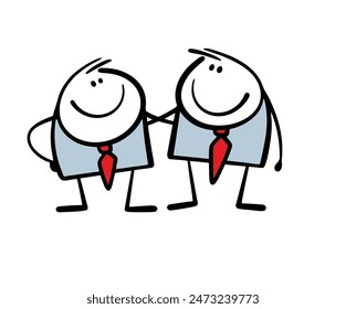 Two friendly businessmen in business suits hug each other. Vector illustration of friends and colleagues doing successful business together in office. Isolated doodle chatacter on white background.