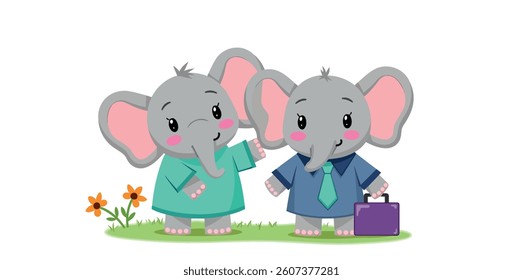 two friendly cartoon elephants dressed in clothes showcasing friendship and companionship