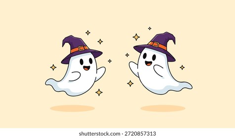 Two friendly cartoon ghosts wearing purple witch hats and smiling while floating together on a beige background.
