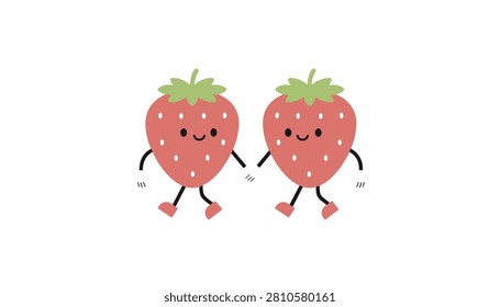 Two friendly cartoon strawberries walking together on a plain white background in a simple and joyful artistic illustration.