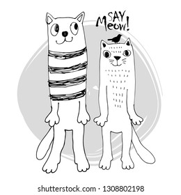 Two friendly cats and a bird. Hand drawn illustration of animals. Quick drawing. Sketch. 3