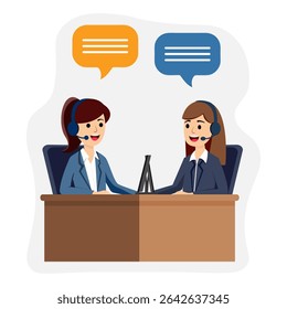 Two friendly girls in headphones are ready to help. Stylish flat illustration with call center.