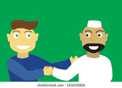 Two friendly guys shaking hands. European and eastern. muslim.  Vector. 