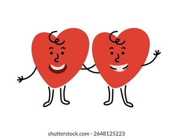 Two friendly hand drawn heart characters hug each other. Cute cartoon mascot for health campaigns, promotions or educational materials. Editable stroke