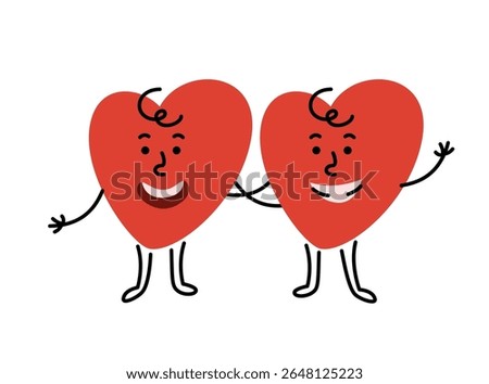 Two friendly hand drawn heart characters hug each other. Cute cartoon mascot for health campaigns, promotions or educational materials. Editable stroke