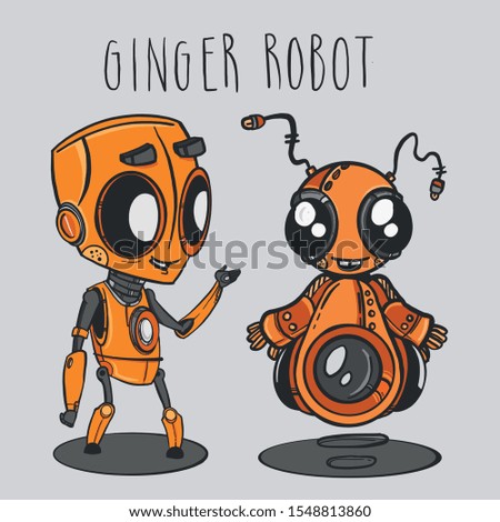 Two Friendly Little Ginger Orange Robots cute