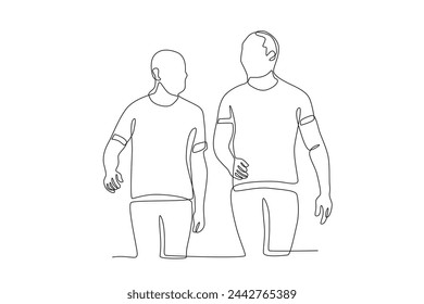 Two friendly seniors are jogging.Seniors Community one-line drawing