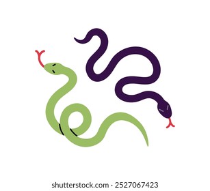 Zwei freundliche Schlangen im Doodle-Stil. Ein Paar tropischer Schlangen. Bunte Vipern mit in Schleifenschwänze gebogenen. Ikone der Boa, Python. Exotische Tiere, Reptilien. Flache, einzelne Vektorgrafik auf Weiß