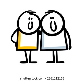 Two friendly stickmen holds and hugs together. Vector family illustration of funyy smiling characters.