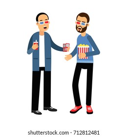 Two friends in 3d glasses with popcorn and soda standing in the cinema vector Illustration