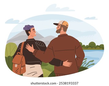 Two friends with backpacks embrace while admiring a serene nature scene by a lake with mountain views. Ideal for friendship, travel, adventure, relaxation, and nature themes. Flat cartoon style