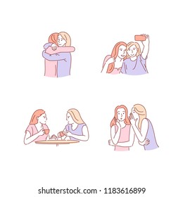 Two friends behavior. Young girls hugging, taking a selfie with a cellphone, chatting, talking, whispering secrets, telling the news. Hand drawn doodle style. Vector illustration in soft colors.