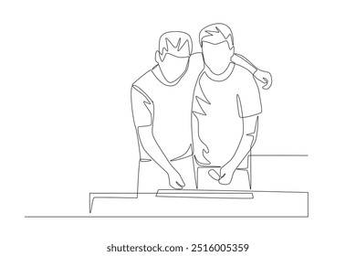 Dois amigos queimando um churrasco. Barbequing com amigos ou família conceito desenho de uma linha