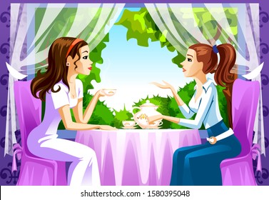 Two friends in a cafe drinking tea. Tea time