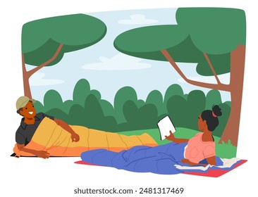 Two Friends Camping Outdoors In Sleeping Bags, Enjoying The Natural Surroundings. One Person Is Reading While The Other Is Relaxing. Vector Scene Of Relaxation, Friendship And Joy Of Being In Nature