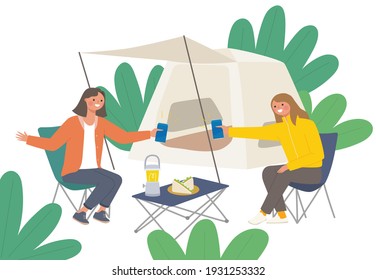 Two friends are camping in the woods. The two girls are cheering and enjoying beer cans. flat design style minimal vector illustration.