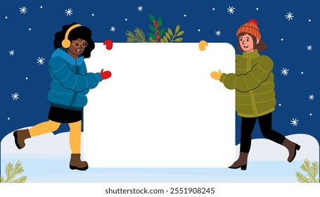 Two friends carry a blank sign in a winter wonderland setting with snow and greenery