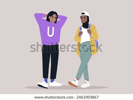 Two friends casually stroll together, one with a backpack and the other with hands behind their head, enjoying a relaxed conversation
