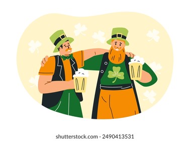 Dos amigos celebran el Día de San Patricio. Los hombres se paran con sus brazos alrededor de los hombros del otro, sosteniendo tazas de cerveza. Sombreros tradicionales. Composición hasta la cintura, trébol. Ilustración vectorial aislada.