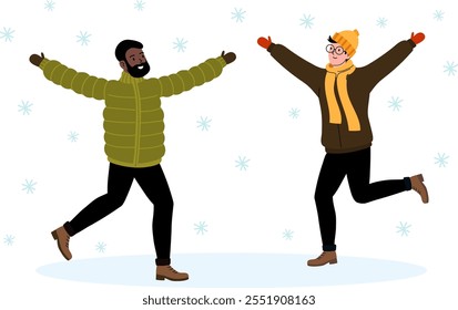 Dos amigos celebrando alegremente en el país de las maravillas del invierno con la nieve que cae a su alrededor