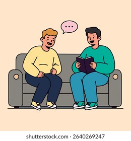 Two friends chatting comfortably on a sofa